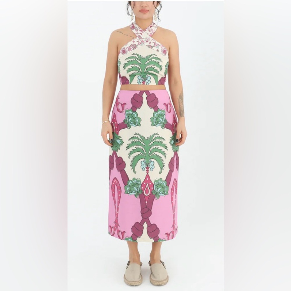 Soul of Mu linen palm print skirt and top set